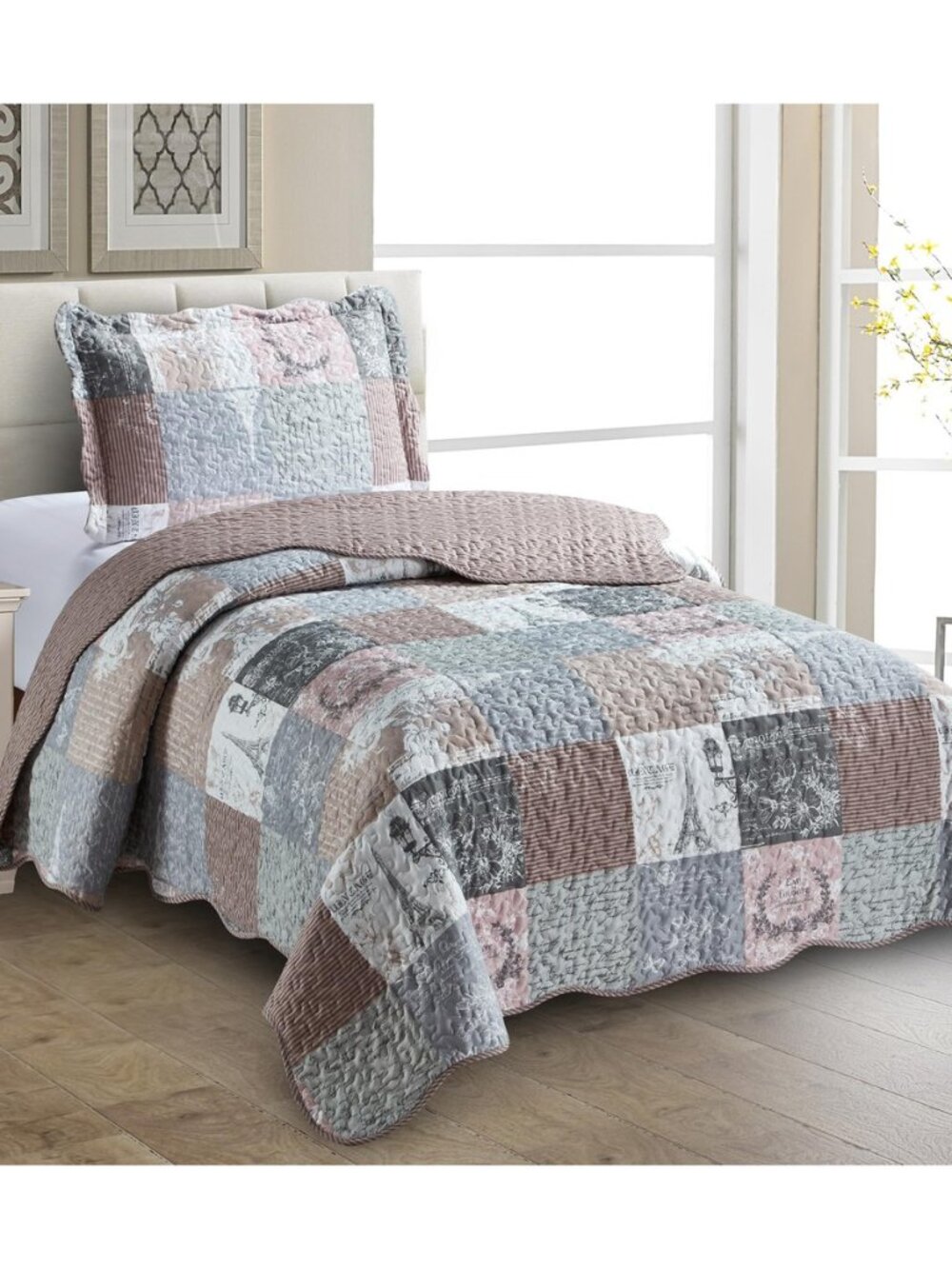 Latte Grey Paris & Toile Floral Patchwork Quilt Set,Twin